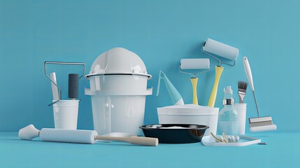 Poster - 3D rendering of a set of painting supplies, including rollers, brushes, trays, and buckets, against a blue background. Generative AI