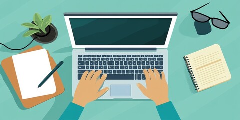 Poster - E-Learning Platform: Depict a person taking an online course on system maintenance, with a laptop, notepad, and headset.