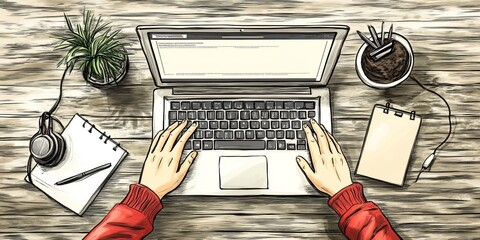 Poster - E-Learning Platform: Depict a person taking an online course on system maintenance, with a laptop, notepad, and headset.