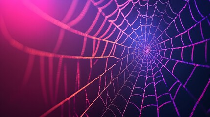 A spider web illuminated in pink and blue light.