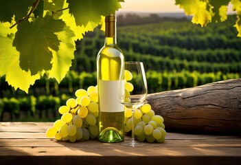 elegant still life depicting glorious white wine bottle surrounded fresh grapes comprising lush green foliage soothing natural setting, glass, fruits, table