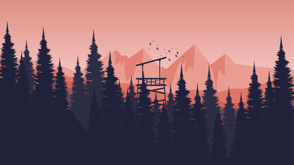 Wall Mural - winter sunset mountain landscape with forest silhouette vector illustration design good for wallpaper, advertising, ads, background, and business