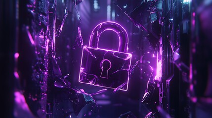 Poster - A purple glowing padlock icon surrounded by broken glass shards, representing a breached security system.