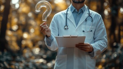 Close-up of doctor in white coat holding a floating transparent question mark symbolizing medical inquiry. Stethoscope and clipboard in hand, blue gradient background. Modern healthcare concept