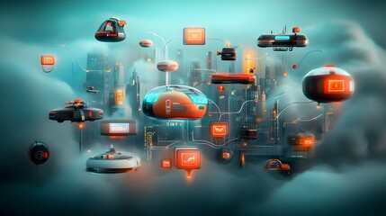 Poster - Dynamic abstract image of a futuristic smart city transportation system bustling with floating autonomous vehicles aerial monorails and glowing holographic displays