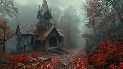 Poster - Mysterious Church in a Foggy Forest