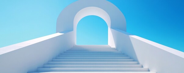 Poster - White staircase leading to an arch under a clear blue sky, minimalistic architecture. Modern design concept