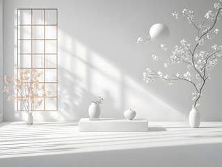 Poster - Empty 3D interior studio space with minimalist black and white setting  product podium centered on plain floor  soft shadows cast from overhead window lighting  digital mockup scene for clean