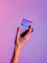 Aufkleber - A hand is raised, presenting a contactless credit card against a smooth, colorful background of purple and pink hues. Generative AI