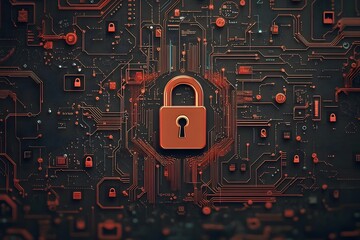 Poster - Encrypted Digital Frontier with Luminescent Padlock Icon on Virtual Circuit Map   Surreal Data Visualization Solarpunk inspired Conceptual Digital Art