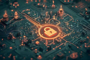 Poster - Encrypted Digital Frontier with Padlock Icon on Virtual Map and Integrated Circuit Patterns Luminescent Wiring and Data Visualization in a Surreal Digital Art Solarpunk Scene