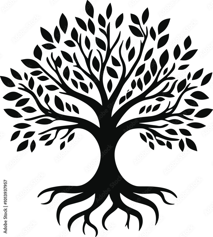 Tree and root silhouette isolated on white background. Tree and roots ...
