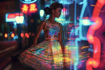 Sticker - a woman in a dress, there is a neon light