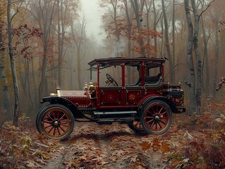 Poster - Vintage Car in a Misty Autumn Forest