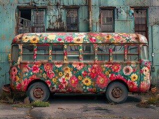 Sticker - Vintage Bus Covered in Vibrant Floral Art