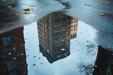 Sticker - a building is reflected in a puddle