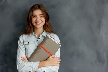 Canvas Print - A smiling girl with books in her hands on the background of a blackboard