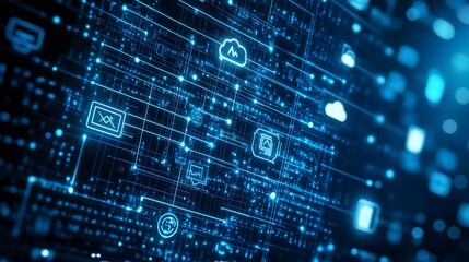 Poster - Abstract digital background with blue glowing icons and lines representing network connections and data flow.