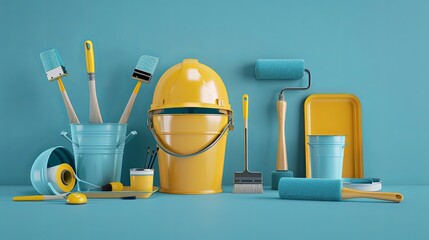 Poster - A 3D rendering of various painting supplies, including brushes, rollers, buckets, and a hard hat, arranged on a blue background. Generative AI