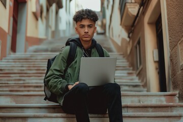 Poster - a young man sitting on the steps