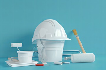 Poster - A white safety helmet, paint bucket, roller, and brush sit on a blue background. This 3D rendered image represents a renovation or interior design concept. Generative AI