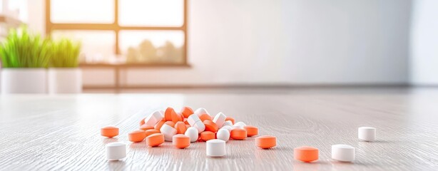 Pills on the floor with a runner silhouette in the background, bright natural light.