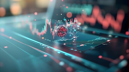 Poster - Tight close up of a blue market investment chart scrutinizing market performance with intricate candlestick pattern analysis analytical yet elegant financial data rendering modernist digital art