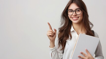 Wall Mural - a smiling young woman holding a book and pointing to the right