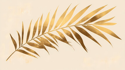 Wall Mural - refined gold palm leaf on a light taupe background, minimalist composition emphasizing form and colo