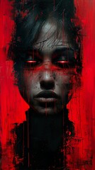 Poster - Intense Gaze: A Woman's Portrait in Red and Black