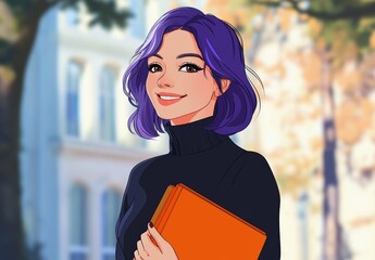 Canvas Print - a cartoon girl with purple hair holding a book