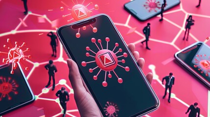 Fototapete - An urgent emergency alert for virus protection appears on smartphones, as users navigate their applications during a data security threat. Generative AI