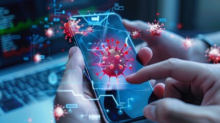 Fototapete - A smartphone displays an emergency alert for virus protection as users interact with data security applications to stay safe. Generative AI
