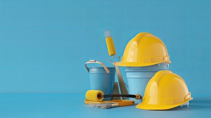Poster - Two yellow safety helmets, a paint roller, paint brushes, and a paint bucket on a blue background. Generative AI