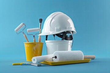 Poster - A 3D render of a set of painting supplies including a white hard hat, paint rollers, paint brushes, and a tray on a blue background. Generative AI