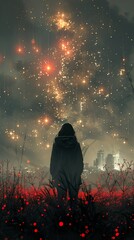 Canvas Print - Silhouette of a Person Gazing at a Glowing Night Sky