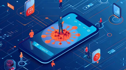 Fototapete - Users engage with a smartphone app, responding to a critical virus alarm and ensuring data network security alerts. Generative AI