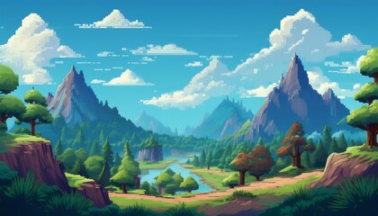 Wall Mural - Whimsical pixelated platform game background with mountains and diverse trees under a bright blue sky. Generative AI