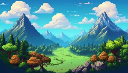 Wall Mural - Whimsical pixelated mountains with vibrant trees in a colorful, whimsical game landscape. Generative AI
