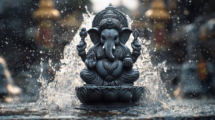 Majestic Ganesh Statue Glimmers Amidst a Cascade of Water, Symbolizing Prosperity and Strength in Spiritual Serenity