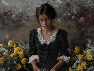 Poster - Vintage Portrait of a Woman in a Black Dress with Yellow Flowers