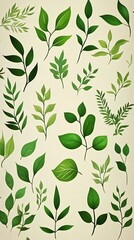 A seamless pattern of green leaves on a cream background.