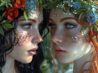 Sticker - Two Women with Floral Crowns and Sparkling Faces