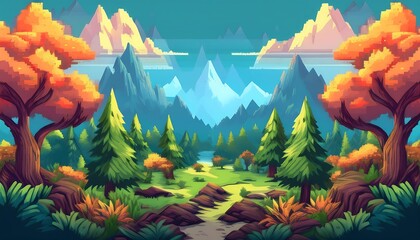 Wall Mural - Adventurous pixel art platform background featuring mountains and trees under a bright sky. Generative AI