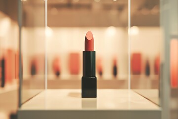 A bold lipstick displayed elegantly in a modern showcase, highlighting beauty and sophistication in cosmetics.