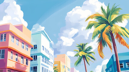 Wall Mural - Vibrant pastel-colored art deco buildings line ocean drive, palm trees sway in the ocean breeze, against a bright blue sky with puffy white clouds. Pastel Drawing. Illustration