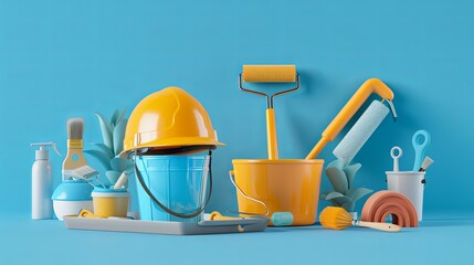 Poster - A 3D rendering of various painting supplies, including a safety helmet, buckets, rollers, brushes, and cleaning tools, set against a bright blue background. Generative AI