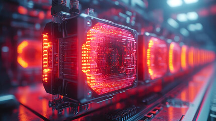 Poster - High-tech motherboard close-up, illuminated by glowing lights, showcasing intricate electronic components