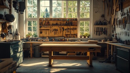 Woodworking workshop, large wooden workbench, hand tools neatly organized on the wall, natural light coming through the windows, rustic and functional space