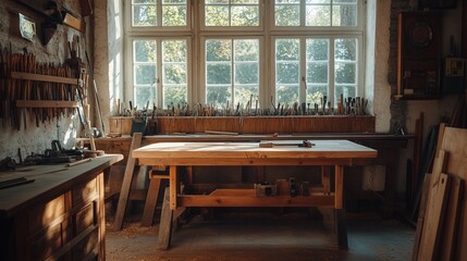 Woodworking workshop, large wooden workbench, hand tools neatly organized on the wall, natural light coming through the windows, rustic and functional space